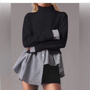 Black Turtleneck Sweater with Striped Hem